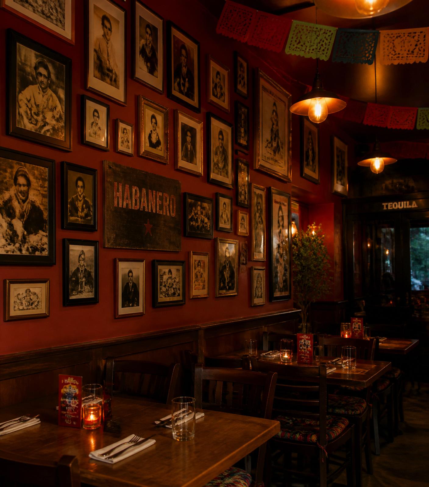 Salão do Habanero Bar com parede vermelha de quadros